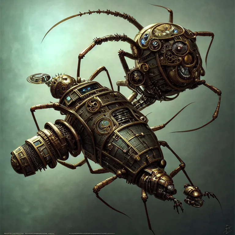 Prompt: steampunk robot ant, 3 d model, unreal engine realistic render, 8 k, micro detail, intricate, elegant, highly detailed, centered, digital painting, artstation, smooth, sharp focus, illustration, artgerm, tomasz alen kopera, peter mohrbacher, donato giancola, wlop