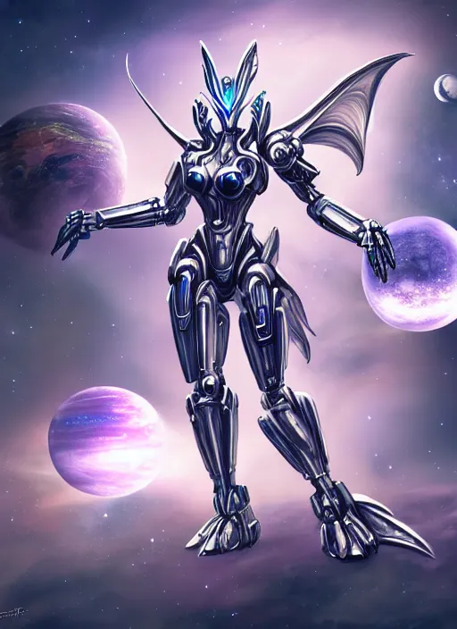 Image similar to goddess shot, galactic sized stunning beautiful anthropomorphic robot mecha female dragon, in space, larger than planets, posing elegantly, holding earth in sharp hand, detailed silver armor, epic proportions, epic scale, ultra detailed digital art, furry art, macro art, dragon art, giantess art, warframe fanart, furaffinity, deviantart, realistic