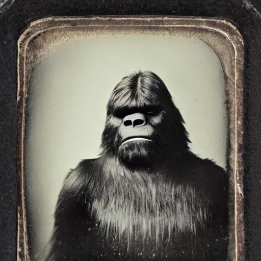 Image similar to a tintype family photo of bigfoot