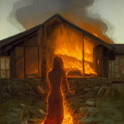 Prompt: a mysterious woman standing in front of a burning stone house with a wooden roof. Nighttime, embers everywhere, backlit, in the style of Donato Giancola