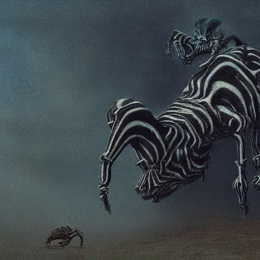 Prompt: high quality digital art Spider and zebra chimera, detailed, scary, in the style of beksinski