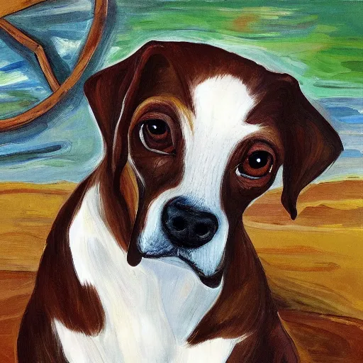 Prompt: a brown and white kooiker dog as painted by Munch