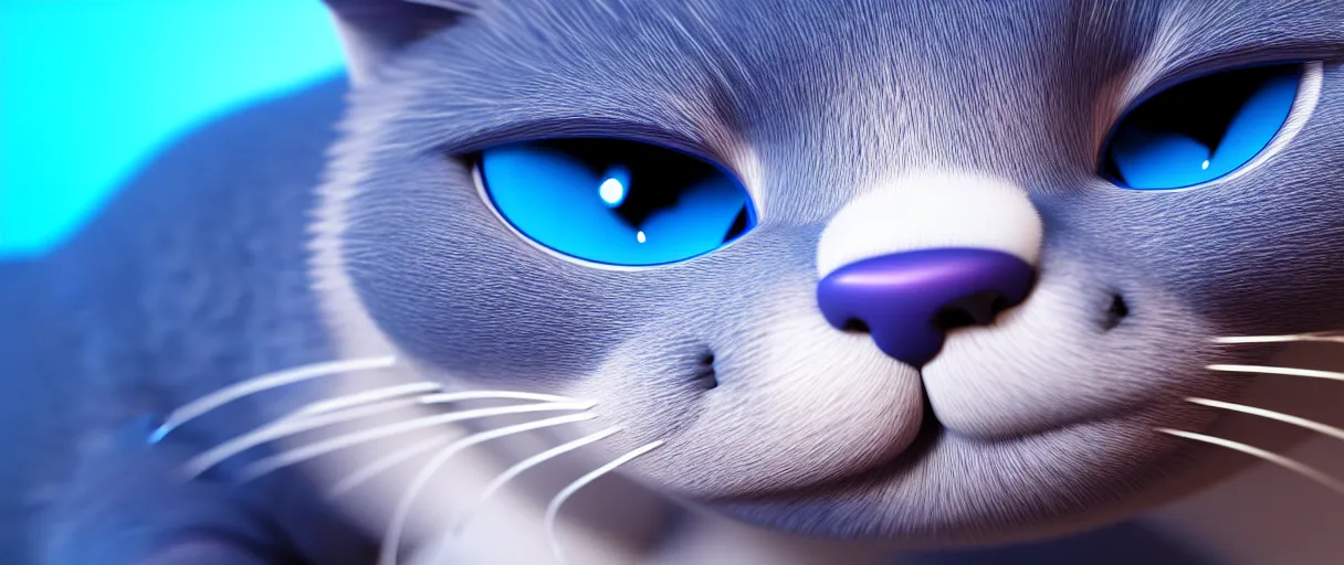 Image similar to hyperrealistic detailed close-up 3d render of a sad cute blue cat with round puppy eyes sharp cinematic lighting vray 8k low angle shallow depth of field