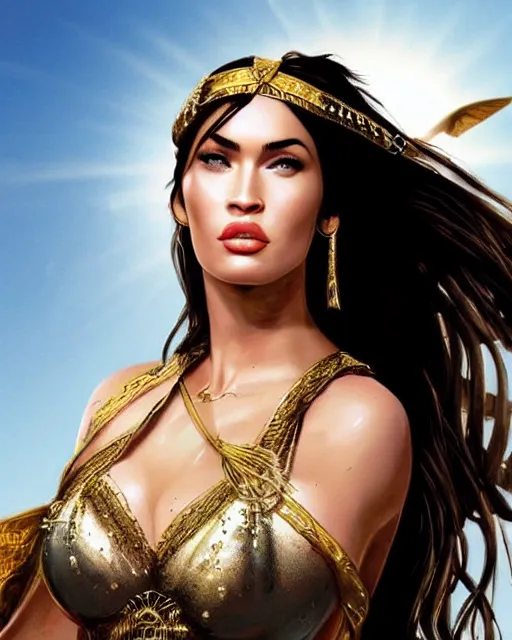 Prompt: megan fox as a Greek goddess in the sky, hyper realistic