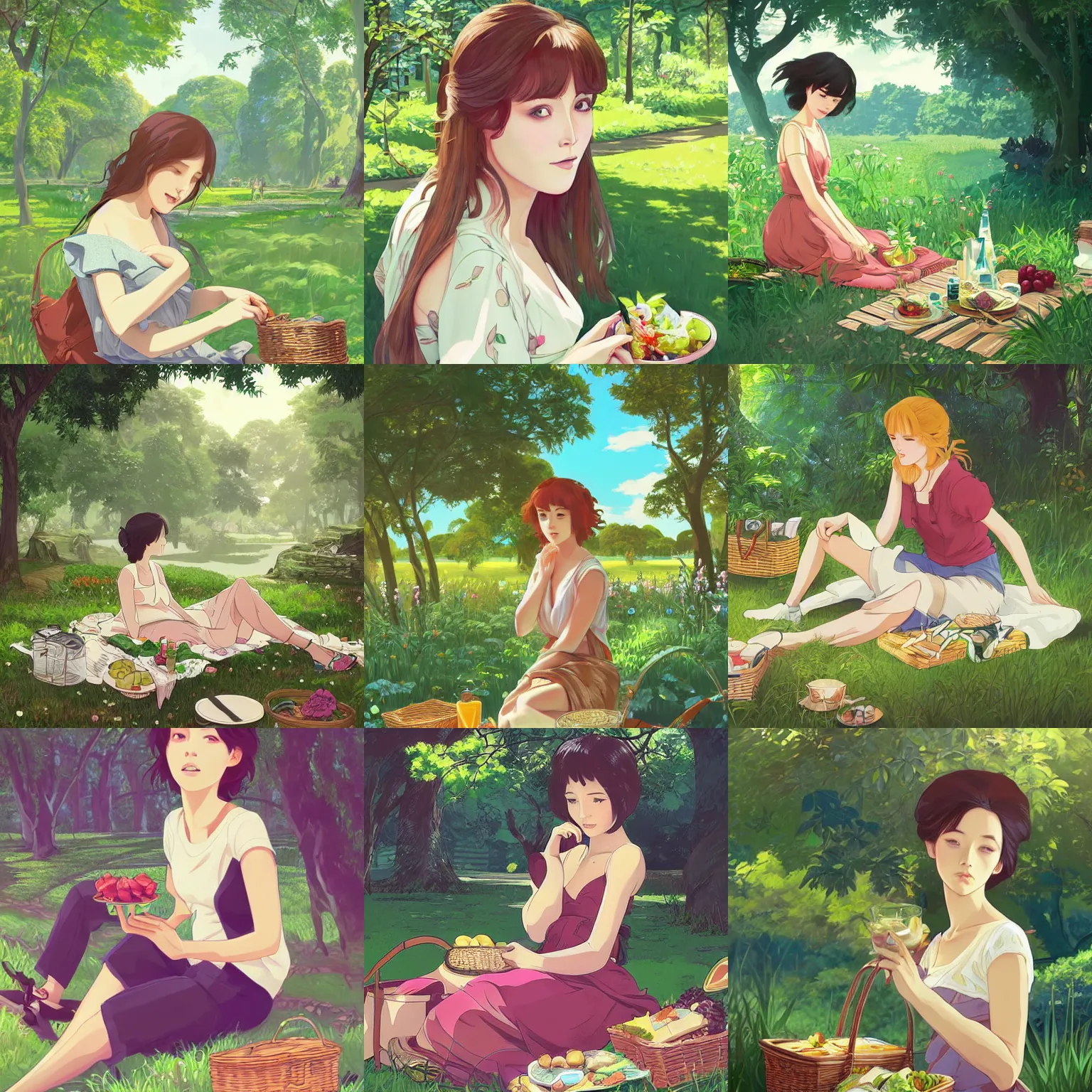 Prompt: woman having a picnic in a lush park, finely illustrated face, highly detailed, digital painting, studio ghibli key visual, in the style of ilya kuvshinov and stanley artgerm lau and alphonse mucha