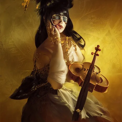 Image similar to the portrait, masked female violinist, exotic costumes, gold jewelry, black hair ， illustration by wenjun lin, irakli nadar, bright colors, octopath traveler, wenjun lin, unreal engine 5 highly rendered, global illumination, radiant light, detailed and intricate environment