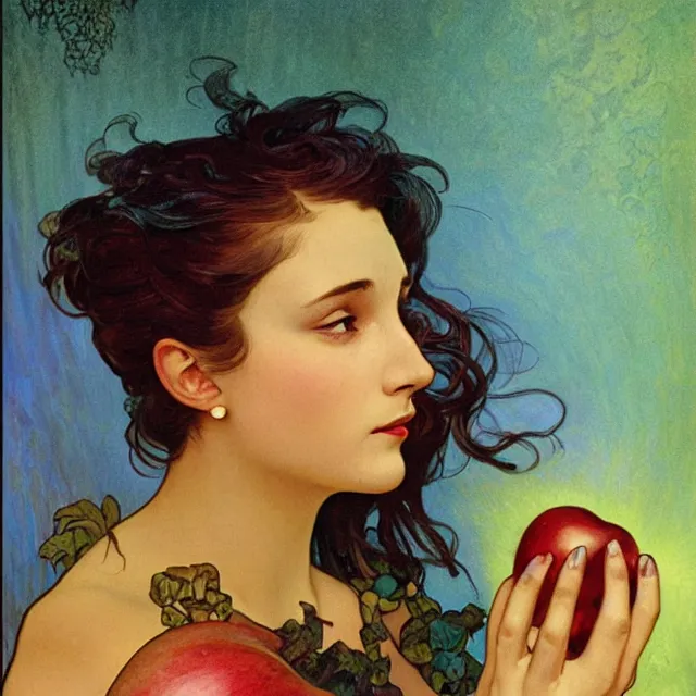 Image similar to an aesthetic! detailed close - up portrait of an aesthetic woman crying mournfully while holding an apple, by frank frazetta and alphonse mucha, oil on canvas, bright colors, art nouveau, epic composition, dungeons and dragons fantasy art, hd, god - rays, ray - tracing, crisp contour - lines, huhd - 8 k