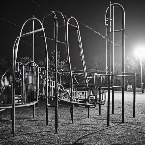 Image similar to nightmare beasts at a playground at night, photograph