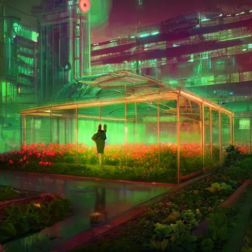 Image similar to rose garden in green house in the middle of a cyberpunk city at night by beeple, neon lights, very detailed, flying cars, blade runner 2 0 4 9