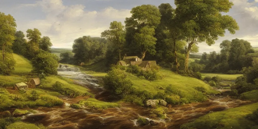 Image similar to a beautiful landscape painting of a yorkshire countryside valley with a river, oil on canvas, highly detailed, hd, 4 k
