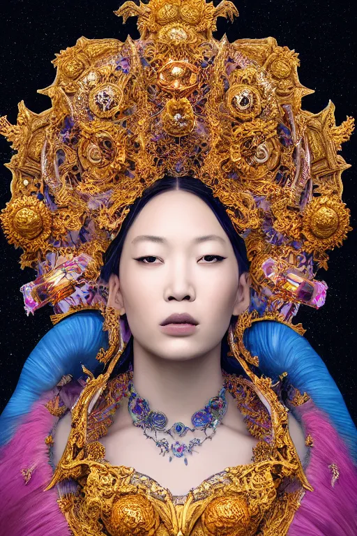 Image similar to a beautiful empress portrait, with a brilliant, impossible striking big cosmic galaxy headpiece, clothes entirely made out of cosmos chaos energy, symmetrical, dramatic studio lighting, rococo, baroque, jewels, asian, hyperrealism, closeup, D&D, fantasy, intricate, elegant, highly detailed, digital painting, artstation, octane render, 8k, concept art, matte, sharp focus, illustration, art by Artgerm and Greg Rutkowski and Alphonse Mucha