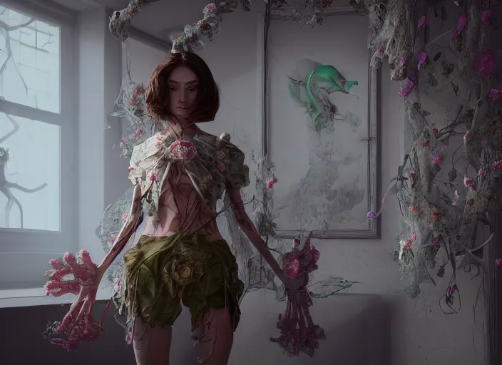 Prompt: cthulhy woman, clothes made out of flower, cables everywhere, bedroom, ultra realistic, concept art, intricate details, highly detailed, photorealistic, octane render, 8 k