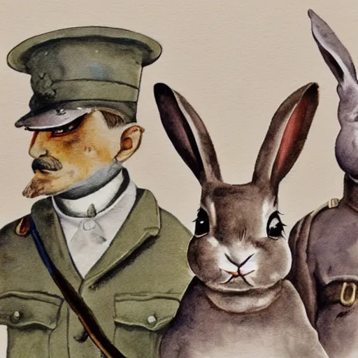 Prompt: Rabbits posing as ww1 leaders, watercolour realism