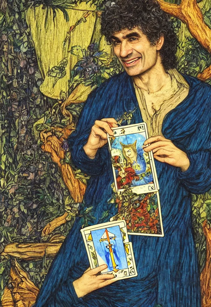 Prompt: Yoshua Bengio smiling on the Tarot card. Illustration by preraphaelists.