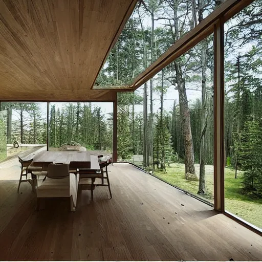 Image similar to “ large openings frame views of the villa's positioning amidst a fir - tree woodland. ”