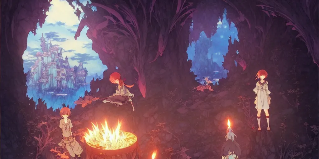 Prompt: the girl and the magic dragons cave. anime visual. torches, dark. by hayao miyazaki and rossdraws and artgerm and chie yoshii and detmold and greg rutkowski and alphonse mucha. anime production by studio ghibli. high quality, stunning, intricate detailed environment. 8 k