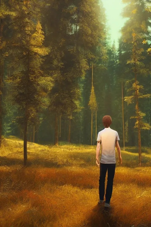 Image similar to young man with long hair made of real gold, slender, back view, trees, detailed forest background, webtoon, breathtaking scenery, colourful, 8 k, graphic novel, digital art trending on artstation, volumetric lighting, octane render, cinematic, hyper detailed, magical atmosphere