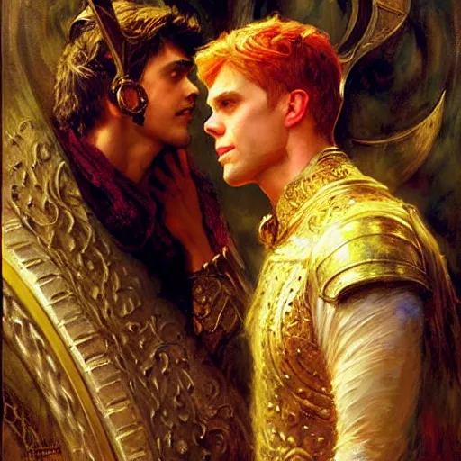 Image similar to attractive, arthur pendragon in love with attractive male, merlin the mage. highly detailed painting by gaston bussiere, craig mullins, j. c. leyendecker