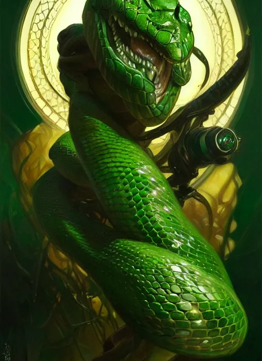 Image similar to portrait of aggressive snake humanoid, d & d, muscular!, green, fantasy, intricate, elegant, highly detailed, digital painting, artstation, concept art, smooth, sharp focus, illustration, art by artgerm and greg rutkowski and alphonse mucha