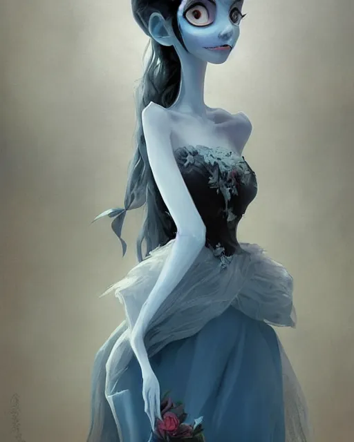 Image similar to elegant mysterious solemn zombie victoria everglot from the corpse bride, portrait, illustration, rim light, top light, summer clear blue sky, perfectly shaded, soft painting, art by krenz cushart and wenjun lin