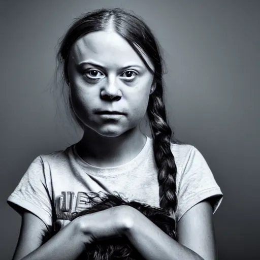 Prompt: greta thunberg wearing a black helmet on a black harleys davidson motorcycle, smoking, dust, from front, portrait, character frame, tatoos, highly detailed, blured background