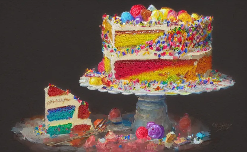 Prompt: a colorful digital painting of a cake with lots of sweets on it, by greg rutkowski and james gurney, sharp details, 8 k, highly detailed, matte background, trending on artstation