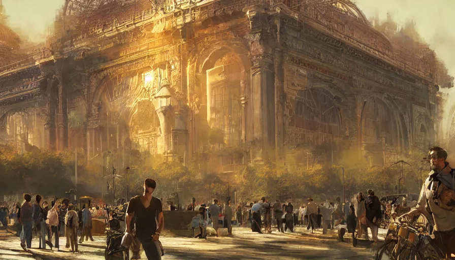 Image similar to craig mullins digital illustration of world's columbian exposition, strong contrast, sunny morning, raking light, unreal engine, hyper realism, realistic shading, cinematic composition, realistic render, octane render, detailed textures, photorealistic, wide shot