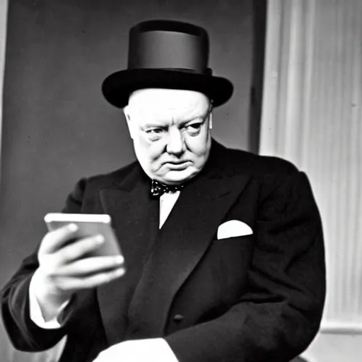 Image similar to A black and white photograph, circa 1940s, of Winston Churchill looking down at his smartphone