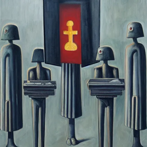 Image similar to three brutalist giant sacred robots visage, portrait, cathedral, dystopian, pj crook, edward hopper, oil on canvas