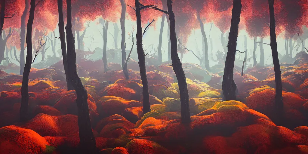 Image similar to abstract 3d landscape forest painting by james jean and David Schnell painted in no mans sky style, redshift, octane