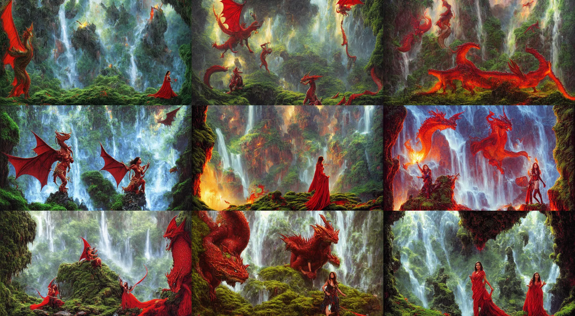 Prompt: close portrait of mila kunis as a dragon warrior, large red dragon, bright colors, sparkles, light rain, moist mossy white stones, mist from waterfall, cave glowing stones, epic composition, donato giancola, tim hildebrandt, wayne barlow, bruce pennington, larry elmore