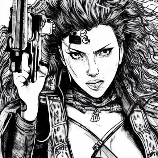 Image similar to scarlett johansson as a gunslinger in afro samurai manga style, pencil and ink, walking the wild west wastelands