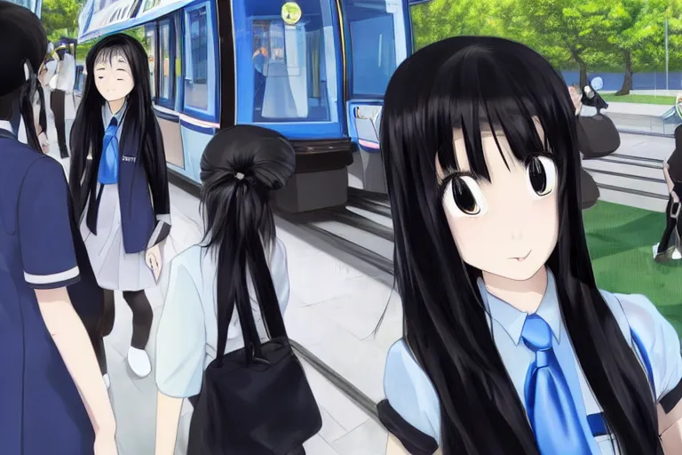 Image similar to japanese style, a 1 5 - year - old girl with long black hair, wearing a black uniform and sky blue short skirt, blue pupils, blue tie, carrying a black backpack, at the tram station, thin face, high light eyes, face, surrealism, movie level realism, virtual engine 5, fine texture, real light and dark composition, mixer rendering