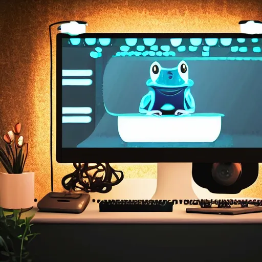 Prompt: frog sitting behind a computer doing a livestream the room is lit by disco lights, photorealistic