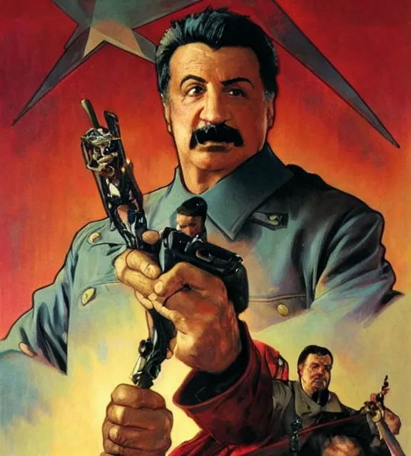 Image similar to sylvester stallone as stalin on fire,, cinematic, by greg rutowski, by greg rutkowski, by stanley artgerm, by alphonse mucha