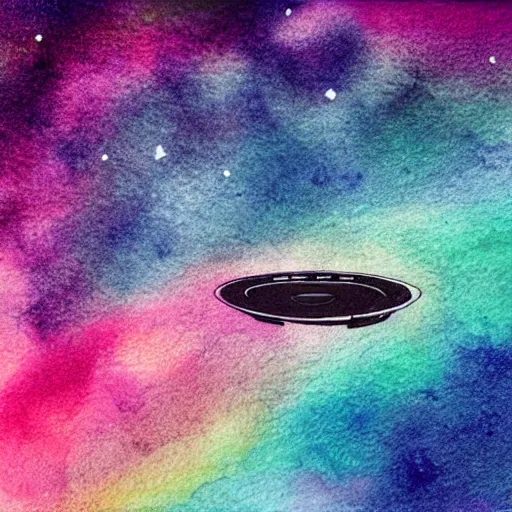 Prompt: high - angle view, close - up portrait, vague uap interstellar vehicle on top of an ephemeral rainbow gradient in the sky, muted ink and watercolor. minimalist, detailed, muted colors. ue 5