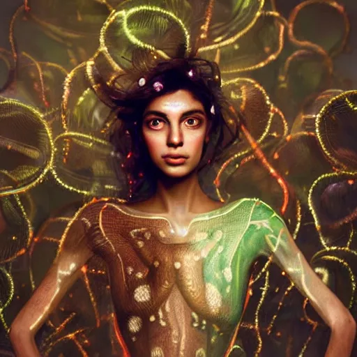 Image similar to a medium shot of a brown woman wearing a luminous armor made of neon floating jelly fishes. surrounded by jelly fishes. soft lighting. fragile. haunting eyes!! coherent face!! no makeup!! muted colors. by ray caesar. by louise dahl - wolfe. by andrea kowch. surreal photography