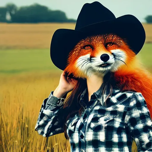 Image similar to a female fluffy anthropomorphic fox animal, head of fox, wearing cowboy hat, wearing plaid shirt, playing guitar, in a field, barn in background, album cover style