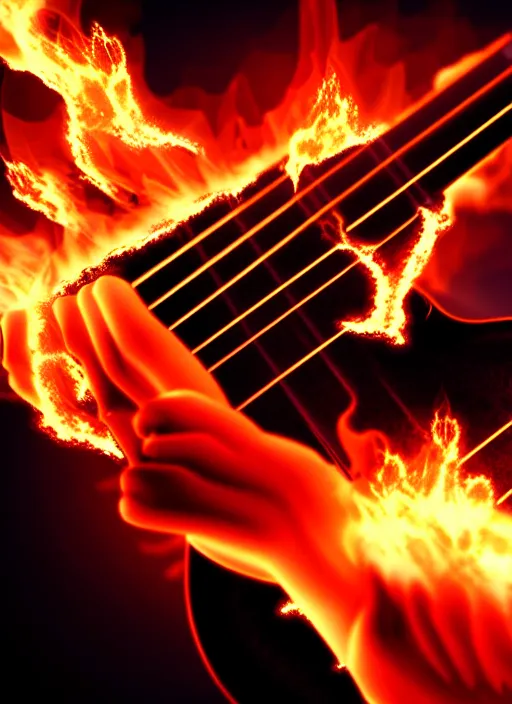 Image similar to guitar with fire magical dust as musical notes storm around, volumetric dust, cinematic lighting, photography artstation