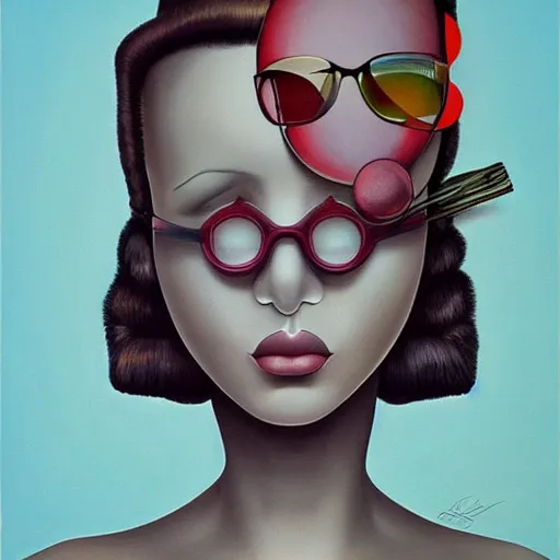 Prompt: a painting of a stylish person in the future, an ultrafine detailed painting by rafal olbinski, behance contest winner, pop surrealism, detailed painting, very detailed, minimalist, skeuomorphic, airbrush art