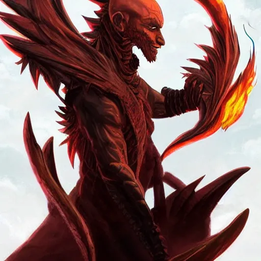 Image similar to full body anime style human in dragon form, bald, with a beard made of fire. fantasy style. very punk / alt aesthetic. wings and tail, a highly detailed, digital painting, artstation, concept art, matte, sharp focus, illustration, art by artgerm and greg rutkowski