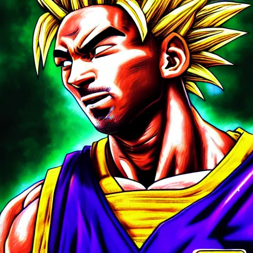 Image similar to ultra realistic portrait painting of kobe bryant as super saiyan goku, art by akira toriyama, 4 k, dragon ball artstyle, cel shaded, highly detailed, epic lighting