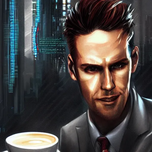 Image similar to portrait of a handsome CEO having a cup of coffee. cyberpunk style, digital art artstation cgsociety