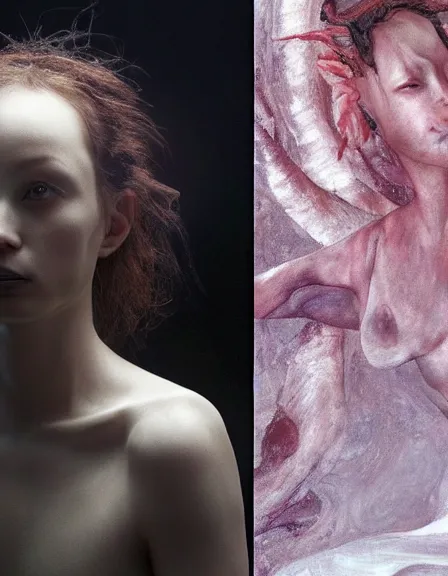 Image similar to still frame from Prometheus movie by Makoto Aida, hybrid dryad by Iris van Herpen painted by Caravaggio and by Yoshitaka Amano by Yumihiko Amano by Makoto Aida