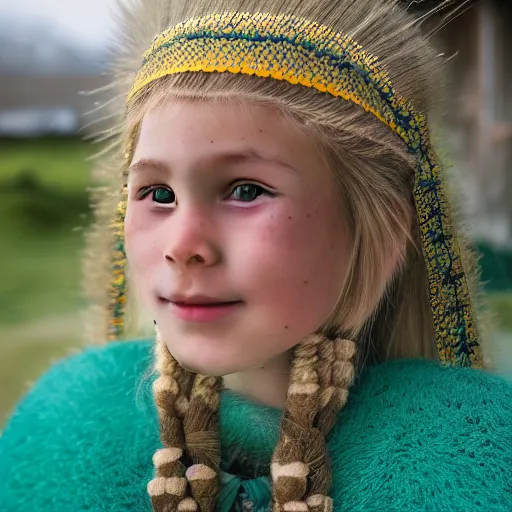 Image similar to an extremely beautiful!!!! young blonde woman with symmetric face. sensual. wearing traditional greenlandic national dress. in front of her house. petzval lens. shallow depth of field. on flickr, award winning. ethnographic portraiture photograph