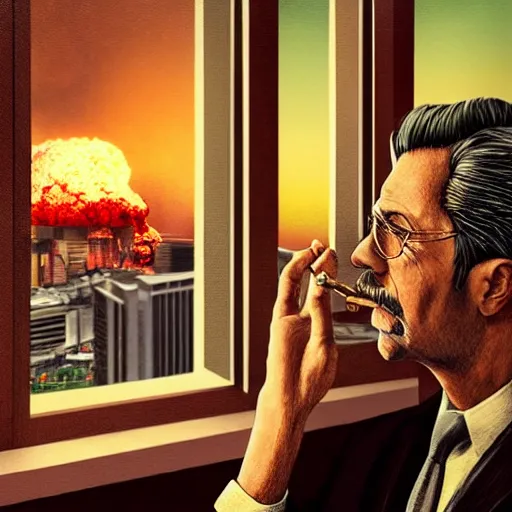 Prompt: Mr. House, realistic, highly detailed face, looks at the nuclear explosion, from the window of the Lucky 38 Casino, holding cigar, hyperdetailed, artstation trending, ultra HD, artstation, photorealism, ultrarealistic, retro, 45mm, elegant,