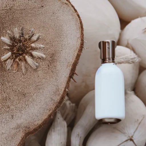 Image similar to centered white perfume bottle next to halved - coconuts, with white crisp zen soft - sandy - beach background, illumination lighting, sharp focus, vogue, hartper's bazaar