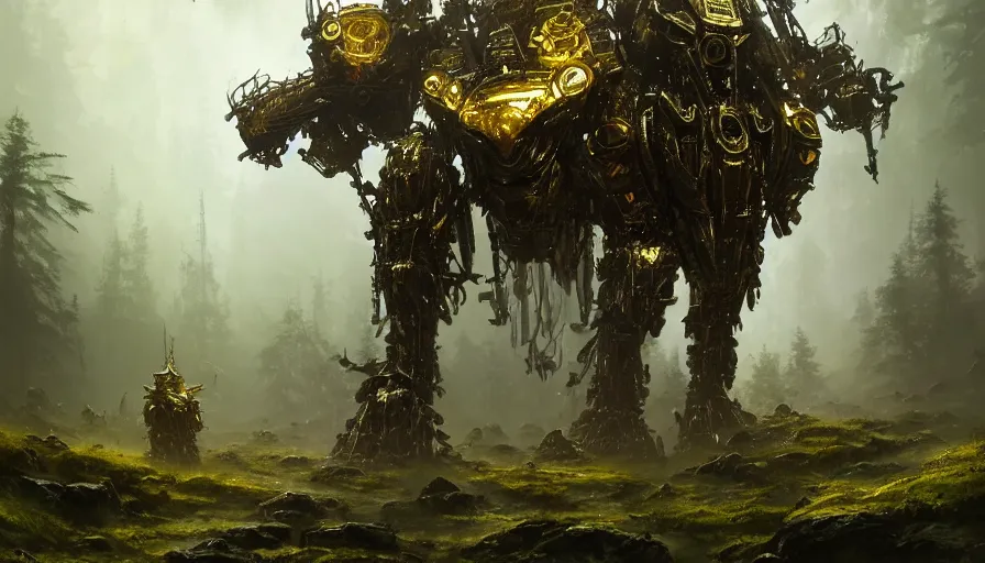 Image similar to large walking mech covered in gold and silver armor with elden ring aesthetic, covered in moss and birds, glowing lights, beautiful forests and trees, intricate detail, epic wallpaper, art by darek zabrocki and John Park and Feng Zhu and Jason Chan, trending on artstation, masterpiece.