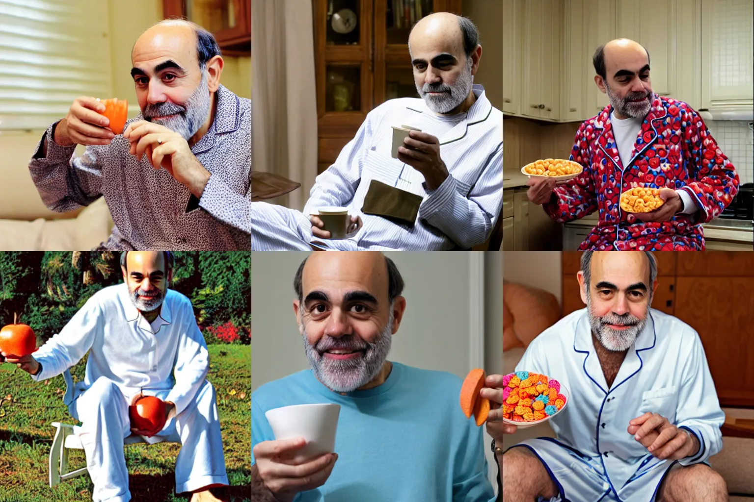 Prompt: Ben Bernanke eating fruit loops in his pajamas