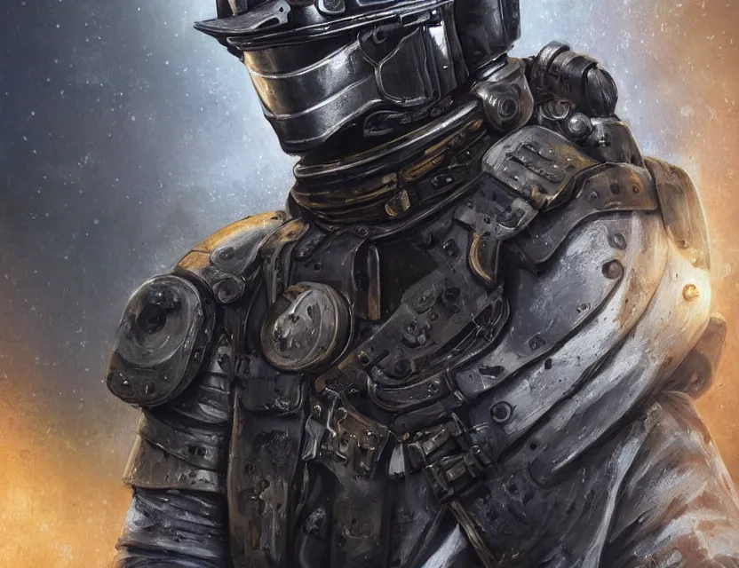 Image similar to a detailed portrait painting of a lone bounty hunter wearing combat armour and a reflective visor. Head and chest only. Dieselpunk elements. Movie scene, cinematic sci-fi scene. Flight suit, cloth and metal, accurate anatomy. Samurai influence, knight influence. fencing armour. portrait symmetrical and science fiction theme with lightning, aurora lighting. clouds and stars. Atmospheric. Futurism by moebius beksinski carl spitzweg moebius and tuomas korpi. baroque elements. baroque element. intricate artwork by caravaggio. Oil painting. Trending on artstation. 8k